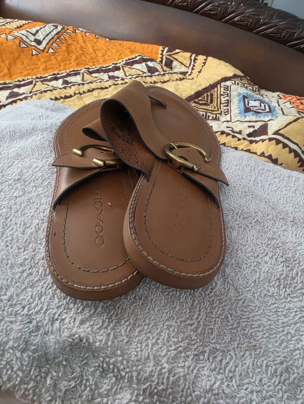 Coach Tan Leather Slide Sandals with Decorative Buckle - Picture 5 of 5